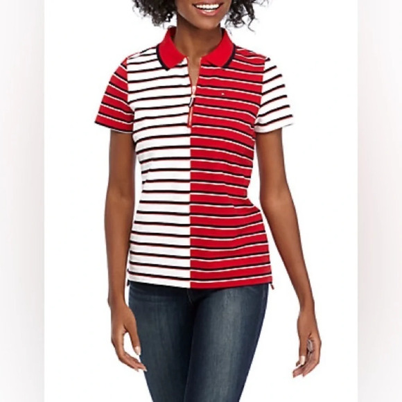 Tommy Hilfiger womens Short Sleeve Mixed Stripe Zip Polo Shirt preppy M - Picture 1 of 11